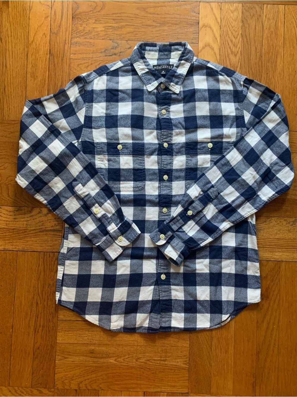 J. Crew Mercantile Navy and White Buffalo Check Button-Down Flannel Shirt